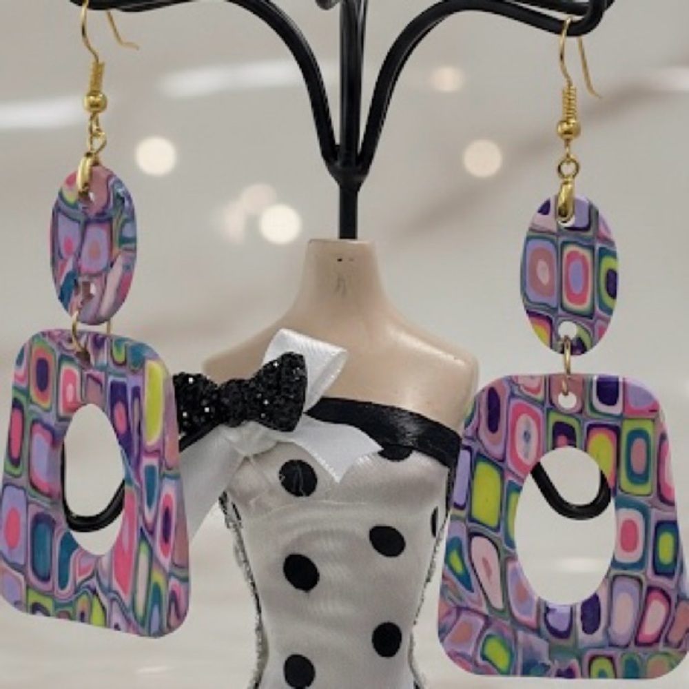 Handmade Geometric Dangle Earrings –Bold, Artsy, Handmade Polymer Clay Host Pick - Picture 3 of 15